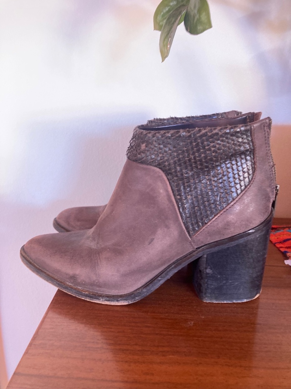 Modern Vintage Suede & Snake Print Leather Ankle Boots | Made in Portugal